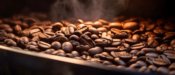 Foto op Aluminium fond rempli de grains de cafés sur fond noir fraichement torréfiés © Fox_Dsign