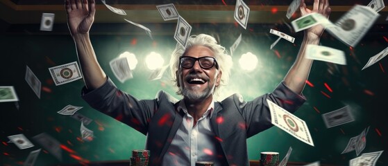 Joyful Man Wins Poker Game In Casino Money In The Air . Сoncept Casino Winnings, Poker Game Success, Joyful Man, Money In The Air - obrazy, fototapety, plakaty