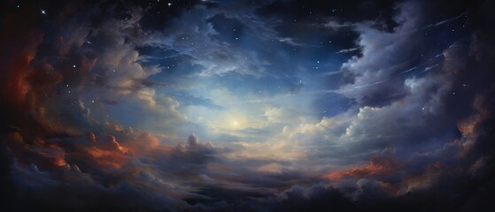 Majestic Sky Painted With Wisps Of Clouds And Stars - obrazy, fototapety, plakaty