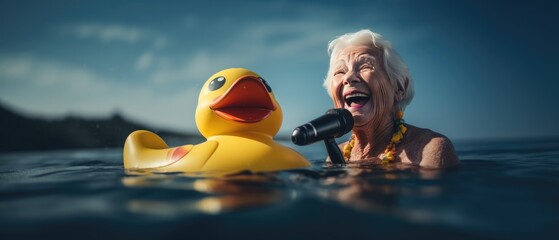 An Older Woman With A Microphone In The Water Next To A Rubber Duck.  - obrazy, fototapety, plakaty