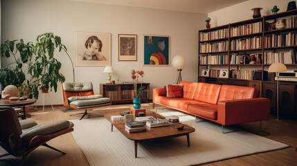 modern interior, retro 70s style, living room filled with vintage furnitures - obrazy, fototapety, plakaty