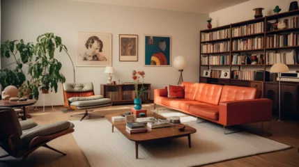 Papier Peint photo Rétro modern interior, retro 70s style, living room filled with vintage furnitures