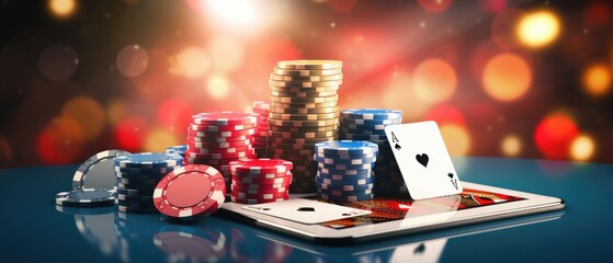 Online Casino Banner Depicting A Smartphone And Playing Chips Internet Gambling Concept . Сoncept Mobile Gambling, Online Casino, Smartphone Gaming, Virtual Chips