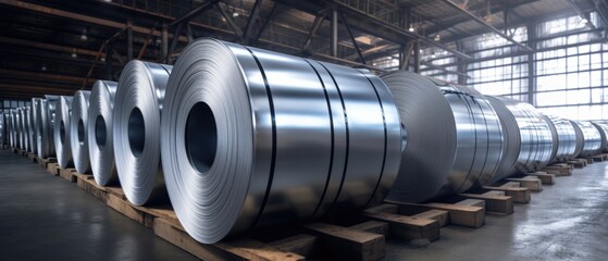 Rolls Of Galvanized Steel Sheet In Factory Or Warehouse . Сoncept Steel Production, Galvanized Steel Sheets, Factory Warehouse, Industrial Manufacturing