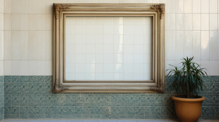 Mockup poster frame in tiled bathroom, 3d render