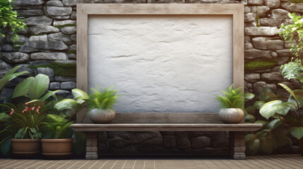 Mockup poster frame above bench surrounded by plants, 3d render