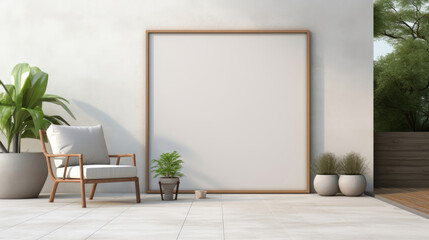 Mockup poster frame on white porch wall, outside with plants and chair, 3d render