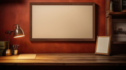 Mockup poster frame above desk, 3d render
