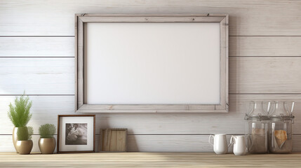Mockup poster frame above shelf, 3d render
