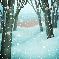 Winter illustration for  greeting card or invitation poster with a snowy landscape with an Forest Glade  in a city park