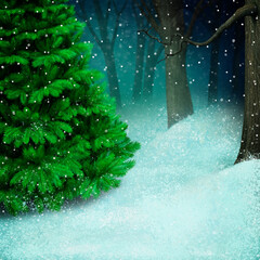 Winter illustration for  greeting card or invitation poster with a snowy landscape with an night Forest Glade  in a city park. 