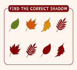 Fototapeta na wymiar Find correct shadows autumn leaves doodle style. Vector Leaves of aspen, birch, maple, rowan.