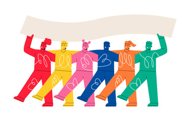 Protesters standing together with blank sign board. Group of men and women at protest. Colorful vector illustration