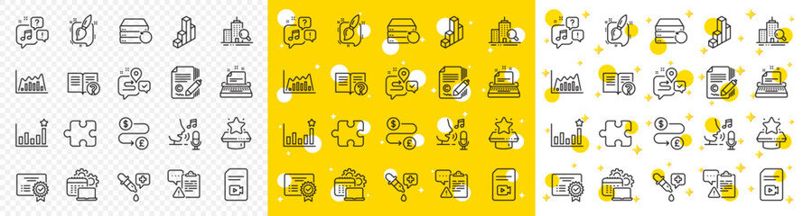 Outline Journey, Clipboard and Efficacy line icons pack for web with 3d chart, Video file, Voicemail line icon. Help, Software, Certificate pictogram icon. Painting brush. Vector