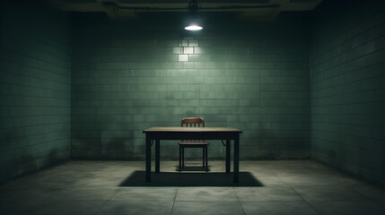 an empty interrogation room in a gloomy atmosphere - obrazy, fototapety, plakaty