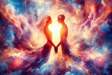 Man and woman silhouettes at abstract cosmic background. Human souls couple in love. Astral body, esoteric and spiritual life concept