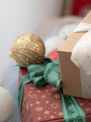 New Year concept. Christmas background, celebration, presents concept. 
Gift box.  Winter backdrop. Selective focus