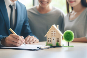 Real estate agent or realtor signing mortgage agreement for new home with couple of happy young clients. Concept of home loan and buying own property. Close up of miniature house - obrazy, fototapety, plakaty