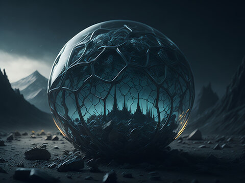 Magic ball, prediction, fantasy, future, gloomy destroyed world. AI