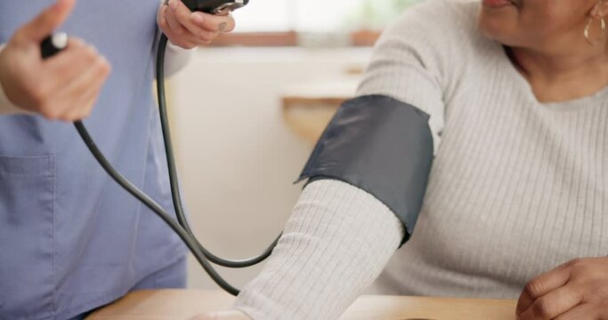 Nurse, hands and blood pressure test in home for healthcare consultation, helping and assessment. Closeup of patient, medical caregiver and pump air to check pulse, hypertension and wellness support