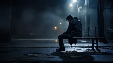 Sad person sitting on the bench, dark scenery, AI generative - obrazy, fototapety, plakaty