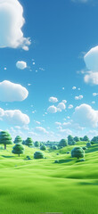 Dreamy hills with blue sky and green trees