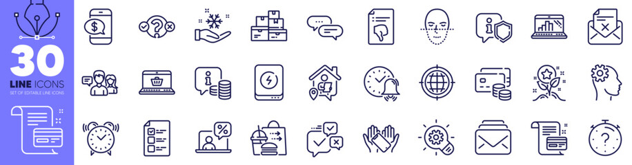 Online shopping, Dots message and Thumb down line icons pack. Alarm bell, Food delivery, People talking web icon. Reject letter, Work home, Mail pictogram. Wholesale goods, Cogwheel. Vector