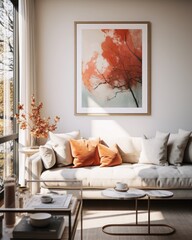 Living room with Scandinavian influences, featuring beige and orange accents, focus on a white-framed mockup painting.