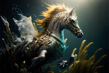 Obraz na płótnie Canvas dragon horse in under the water with light effect bg
