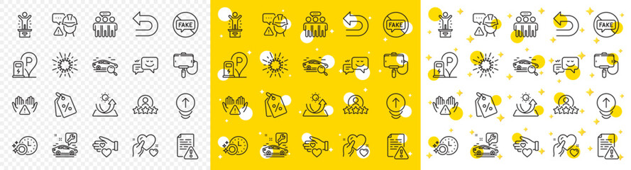 Outline Search car, Clean hands and Swipe up line icons pack for web with Human rating, Undo, Discount tags line icon. Car service, Coronavirus, Hold heart pictogram icon. Vector