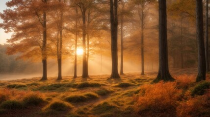 Naklejka na ściany i meble Nature's Awakening: Autumn Forest Sunrise Adventures, Generative AI