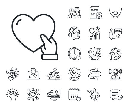 Helping hand sign. Online doctor, patient and medicine outline icons. Volunteer care line icon. Donation symbol. Volunteer line sign. Veins, nerves and cosmetic procedure icon. Intestine. Vector