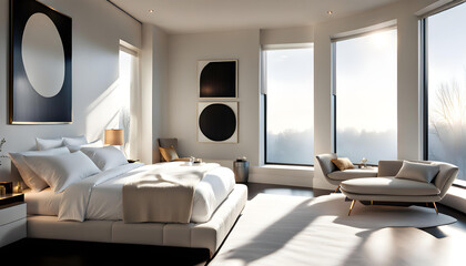 A luxurious modern bright bedroom with white walls and bright sunlight shining through the large windows.