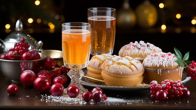 Beautiful picture illustration of a Christmas table with dessert