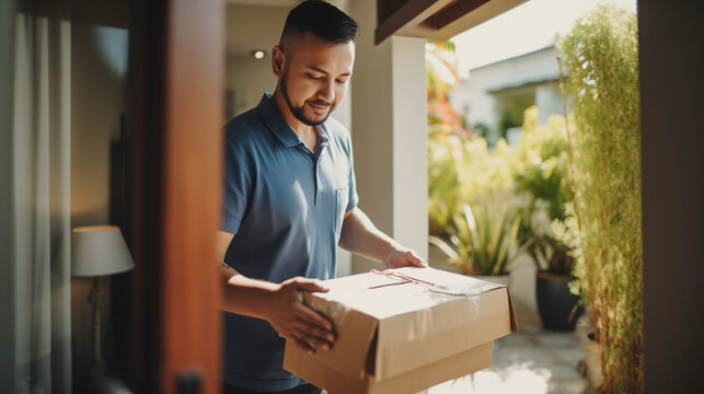 Close up delivery package paper box been delivered to customer after product online purchased in hand at home. E- commerce business marketing concept. Generative AI