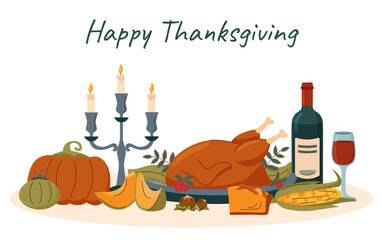 Thanksgiving, food and Christmas concept. Roasted turkey with vegetables and bottle of wine on the table. Background.	
