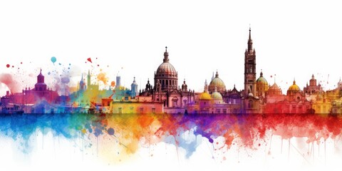 Rainbow Aquarelle Silhouette of Mexico City's Iconic Cityscape, Featuring Zócalo, Chapultepec Castle, and Frida Kahlo Museum, A Vivid Celebration of Mexican Culture