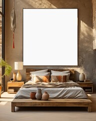 An empty poster frame in the bedroom in Southwestern Charm Style. Created with Generative AI technology