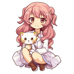 cute sitting Anime girl holding a cat Kawaii