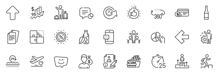Fototapeta na wymiar Icons pack as Leader run, Smile face and Puzzle line icons for app include Water bottle, Rise price, Like hand outline thin icon web set. 360 degrees, Update time, Salary pictogram. Vector