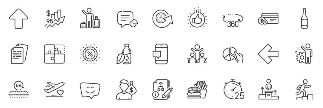 Icons pack as Leader run, Smile face and Puzzle line icons for app include Water bottle, Rise price, Like hand outline thin icon web set. 360 degrees, Update time, Salary pictogram. Vector