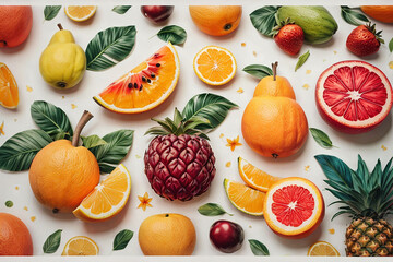 Colorful Fruit Mockup Cut Apple Kiwi Citrus On Pink Background