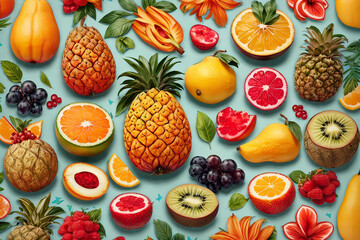 Colorful Fruit Mockup Cut Apple Kiwi Citrus On Pink Background