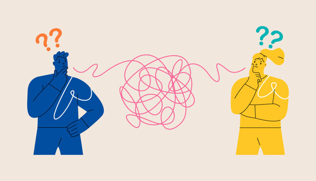 Man and woman have troubles with understanding each other. Problems in communication concept. Colorful vector illustration