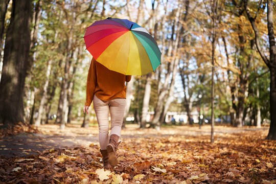 Woman with colorful umbrella walking on autumn leaves at park - Powered by Adobe