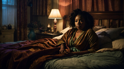 Fototapeta premium African woman in her bed, sad insomnia