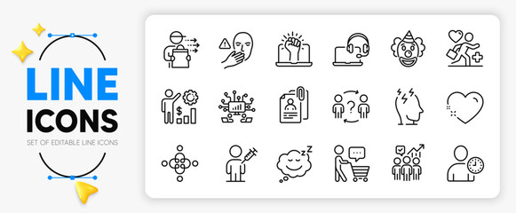 Patient, Consult and Clown line icons set for app include Business statistics, Interview documents, Food delivery outline thin icon. Dont touch, Inclusion, Time management pictogram icon. Vector