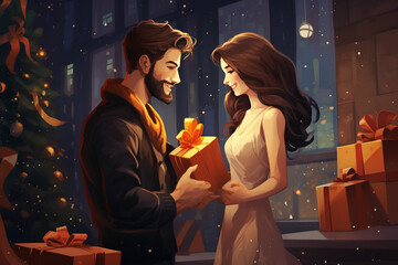 couple exchanging gifts and spending together