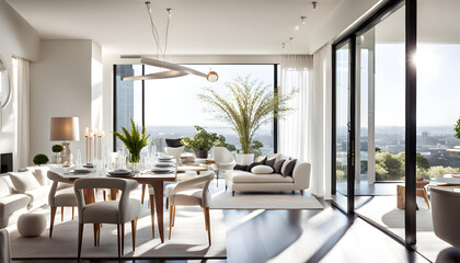 A luxurious, modern, and bright dining and living room with white walls and large windows that let in bright sunlight.