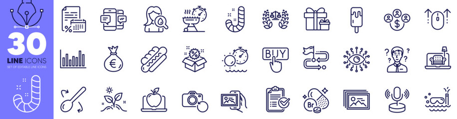 Bromine mineral, Grow plant and Furniture line icons pack. Grill time, Bar diagram, Ice cream web icon. Justice scales, Laptop, Moisturizing cream pictogram. Candy, Sale, Buying currency. Vector - obrazy, fototapety, plakaty